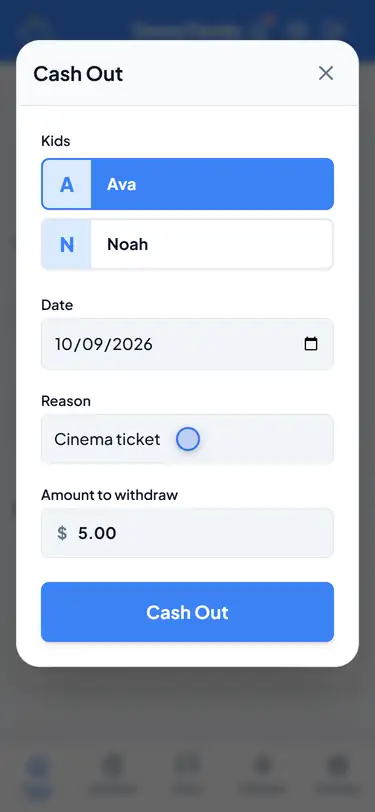 After cashing out: the balance drops and a Cashout row appears