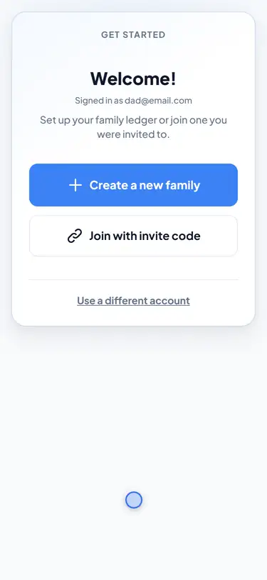 Creating a family: entering a family name, adding two children, then confirming setup