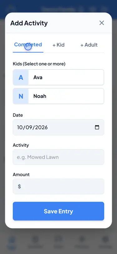 Selecting a child and filling in the chore name and reward