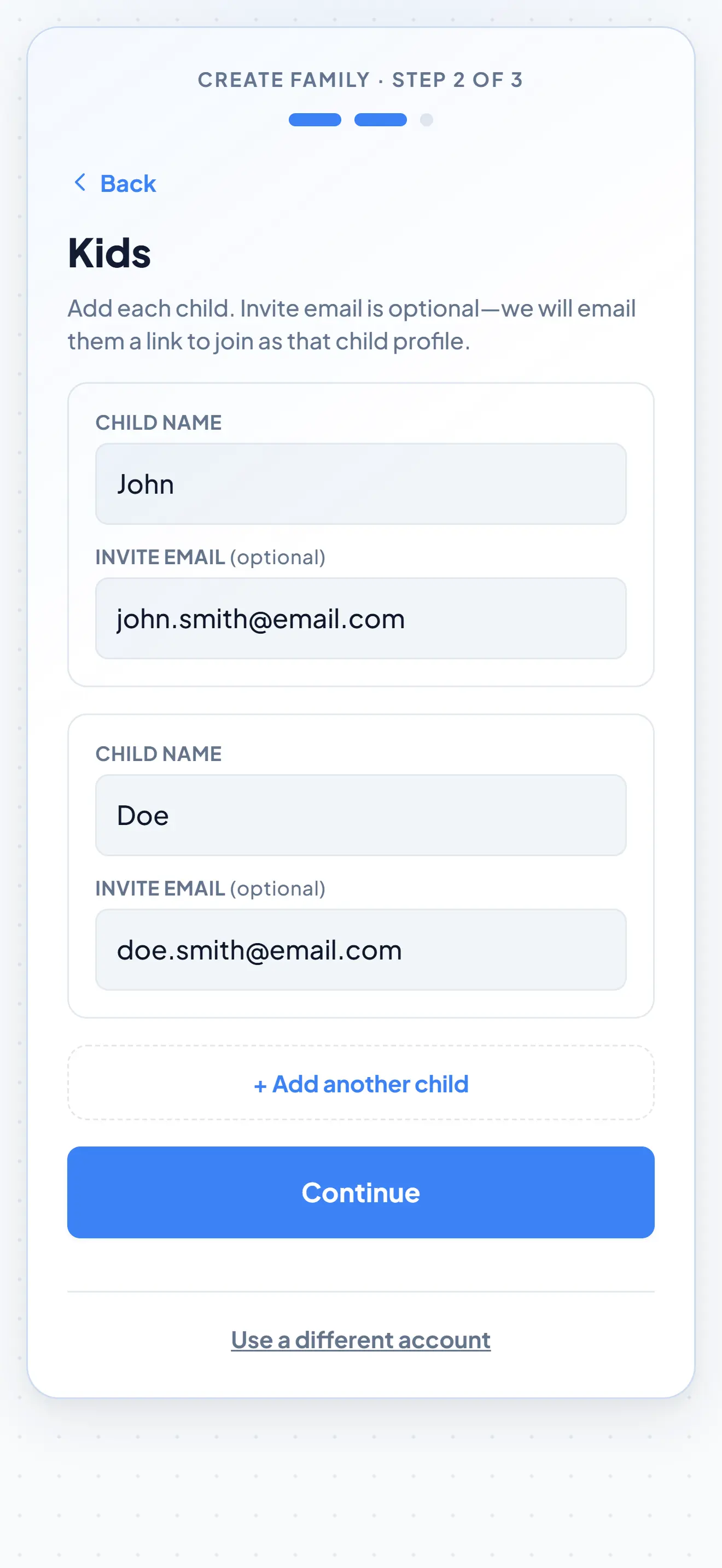 Create family step 2 of 3 — add kids