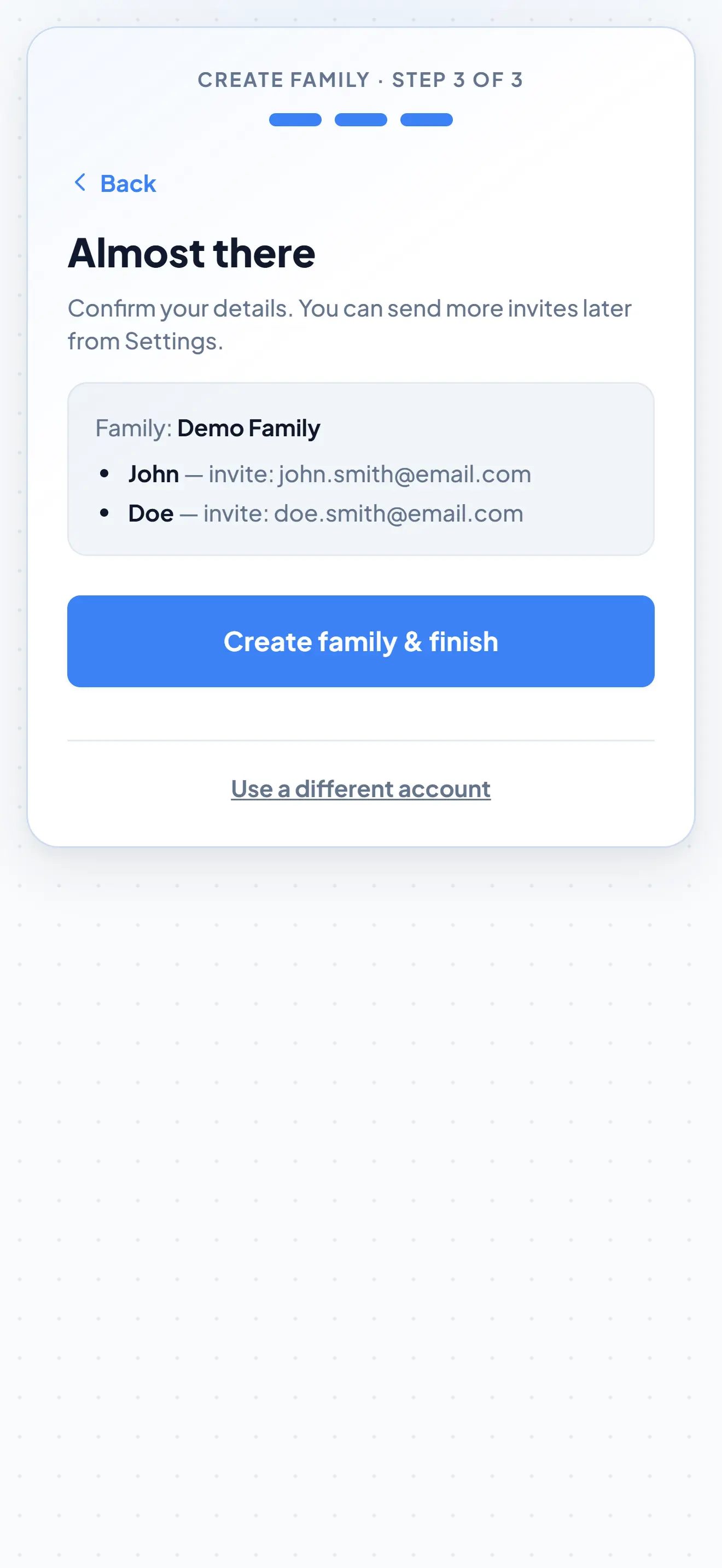 Create family step 3 of 3 — confirm and finish